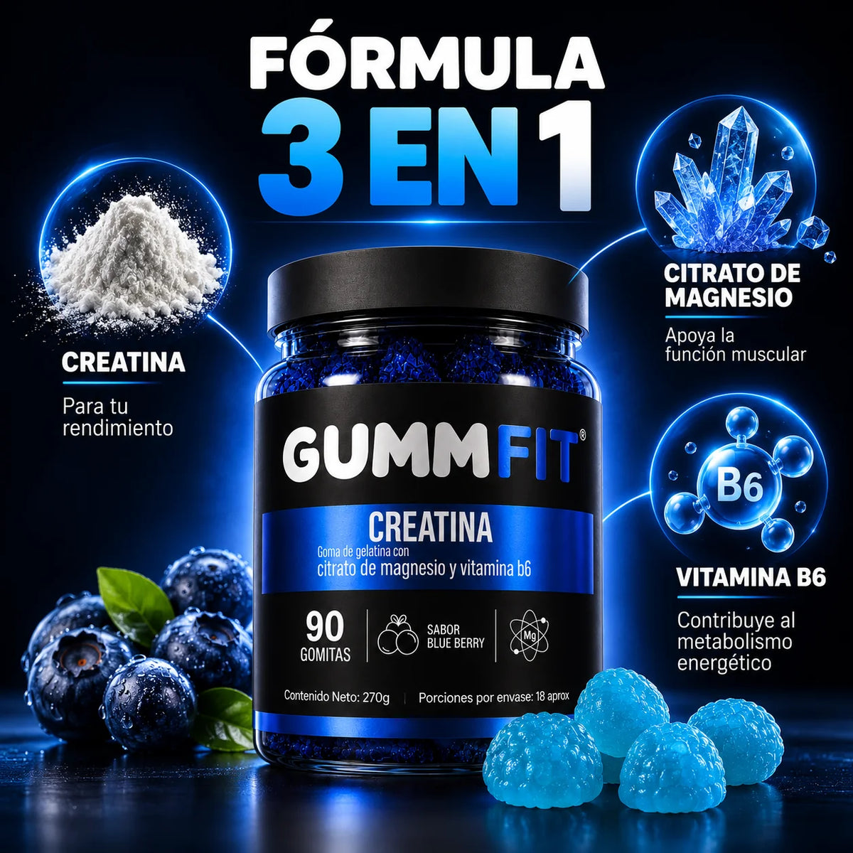 GUMMFIT® Creatina 3 en 1 | Magnesio + Vitamina B6