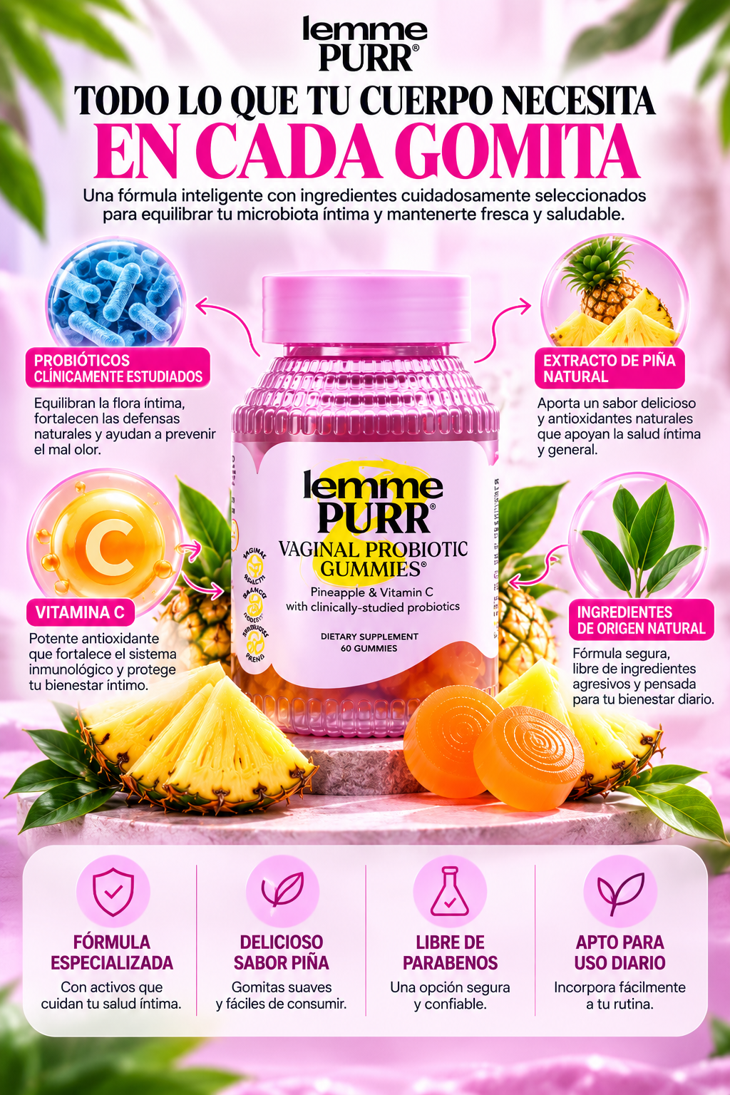 Lemme Purr Balance™ — Gomitas Probióticas para Bienestar Íntimo